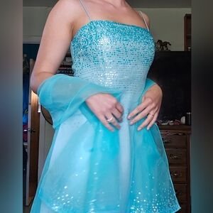 Y2K Zum Zum by Niki Livas Aqua Blue Sequin Prom Dress, Formal Wear Mermaidcore